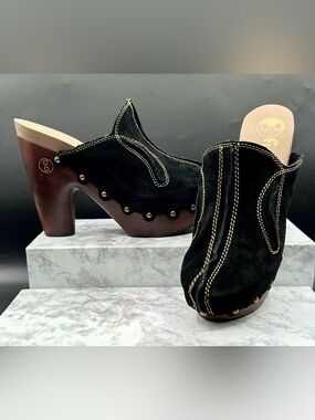 FLOGG Diana Black Suede - Wooden Platform Heel. Size 8.5